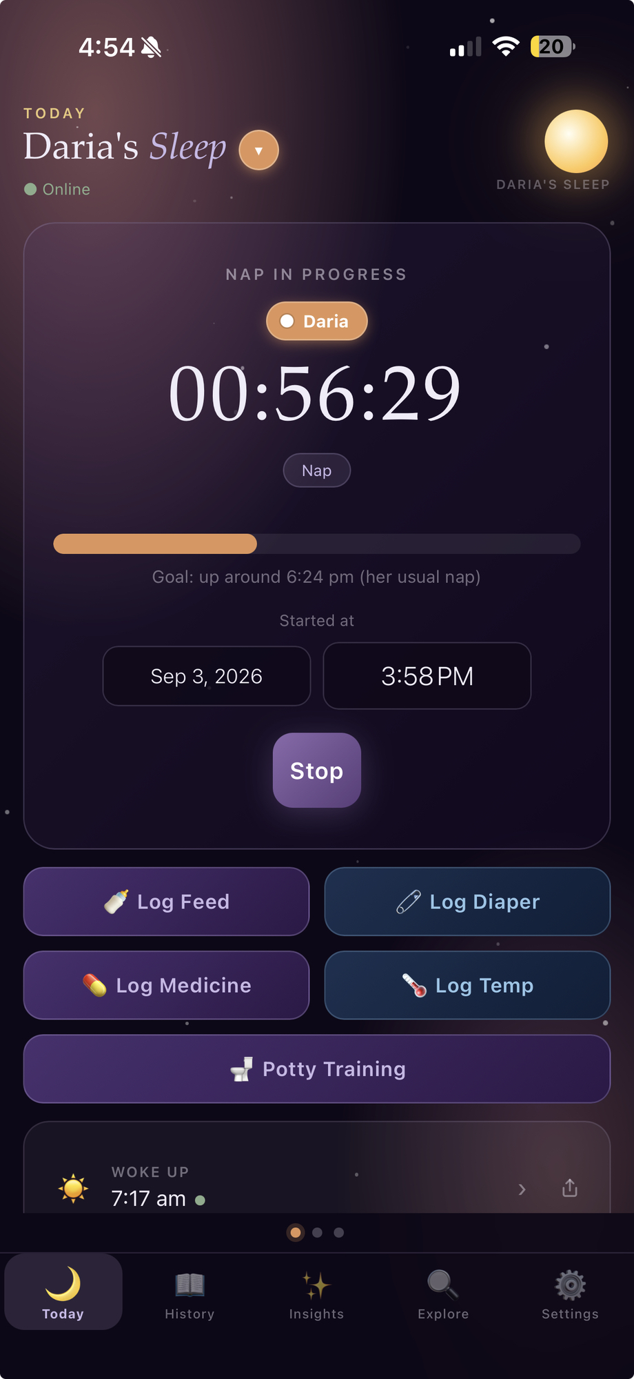 Daria's Sleep app on a real iPhone, tracking a nap in progress for Daria with a predicted wake-up time