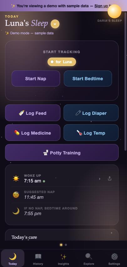 Daria's Sleep Today screen showing quick-log buttons and a suggested nap time.