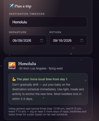 Daria's Sleep jet-lag planner showing a Honolulu trip, the recommended adjustment strategy, and a day-by-day nap and bedtime plan.