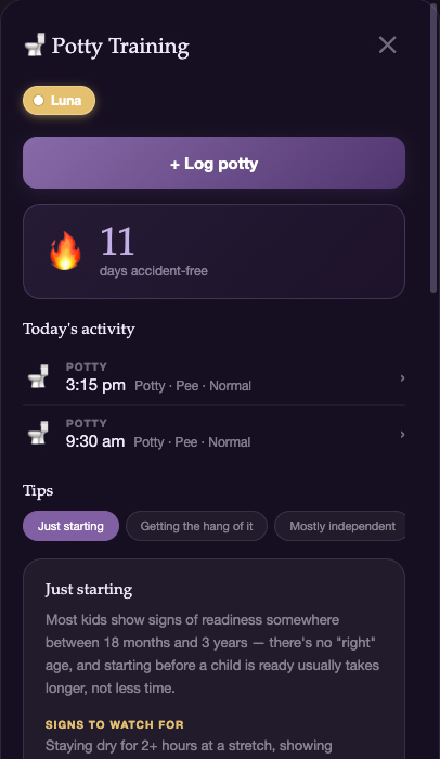 Daria's Sleep Potty Training hub showing an 11-day accident-free streak, today's logged trips, and stage-specific tips.